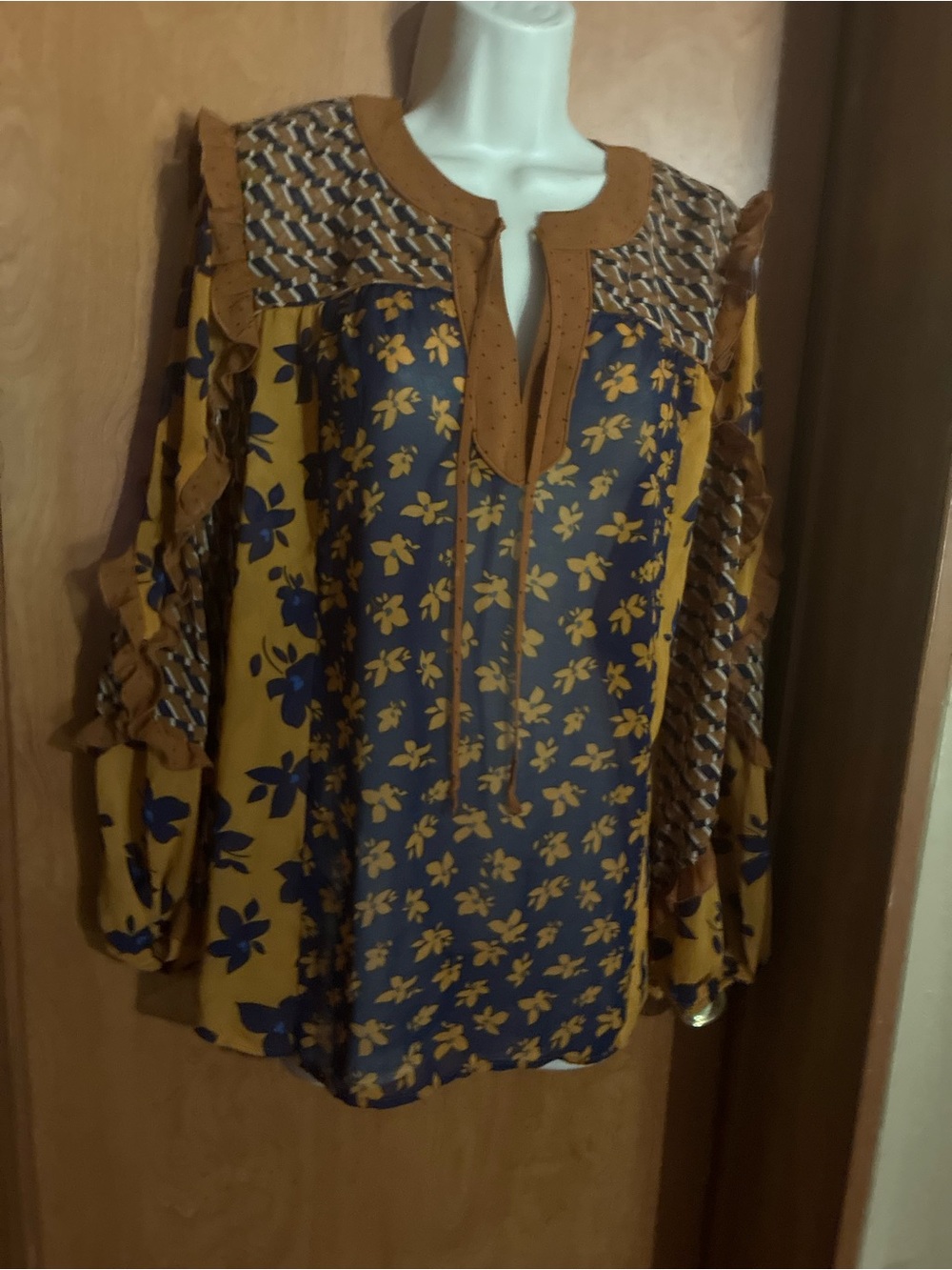 CAbi Mustard and Navy Floral Split-Neck Tunic